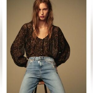 Zara ANIMAL PRINT SEMI-SHEER BLOUSE Elegant Leopard Print Blouse Sz L